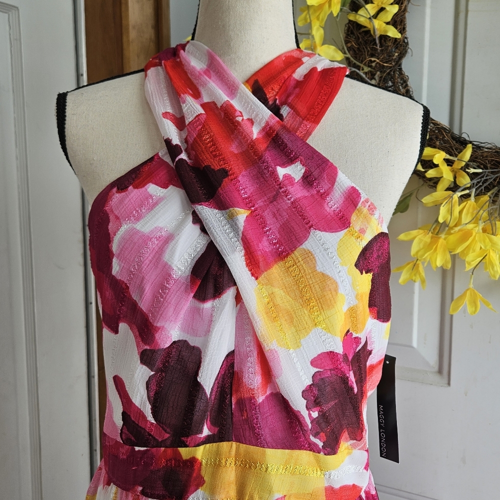NWT Maggy London Criss-Cross Halter Tiered Maxi Dress, Size 10 - Picture 11 of 17